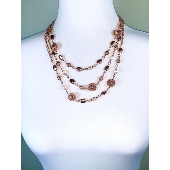 Rose Gold Tone Multistrand Textured Bauble Glass Beaded Statement Necklace - Picture 1 of 8